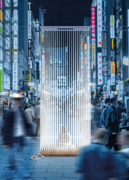 Translucent Nylon Shelter Embraced by Natural Stone for Urban Reflection