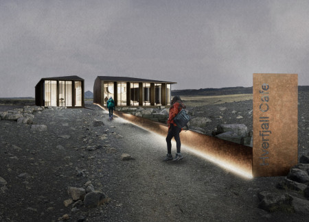 Charred Wood Cladding and Glulam Beams Creating a Community Space Within a Volcanic Landscape