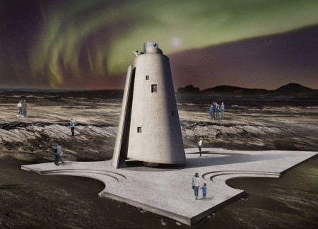 Spiral Concrete Observatory Integrating Glass Transparency and Icelandic Folklore