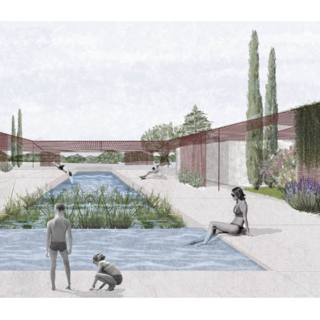 Perforated Steel Canopy Enhancing Community Connection Amidst Natural Stone and Terracotta Elements