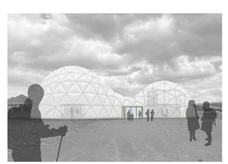 Biomimetic Double Dome Enveloped in ETFE and Reclaimed Wood in Volcanic Landscape  
