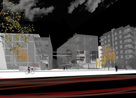 Sculptural Ramps and Glass Façades Enhanced by Engineered Wood in a Contemporary Urban Community  