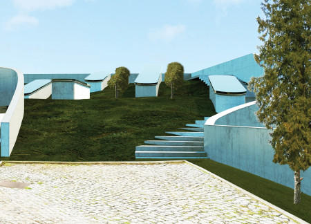 Translucent Glass Walls and Exposed Concrete Structure Nestled Within a Lush Vineyard Setting