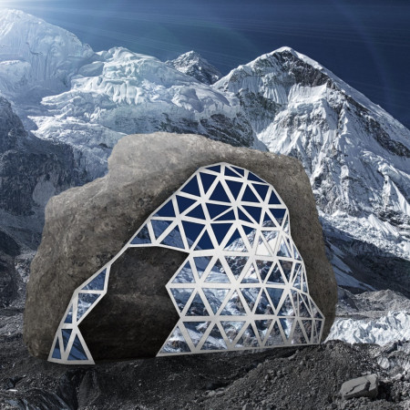 Reflective Glass and Natural Stone Rest Stop Blending Seamlessly with the Himalayan Landscape