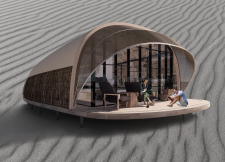Eco-friendly lodging featuring cross-laminated timber and carbonized wood shingles designed for desert resilience