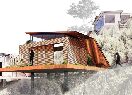 Corten Steel Shelters with Locust Wood Embracing Tranquil Meditation Spaces  