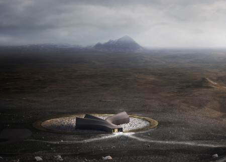 Curvilinear Design Featuring Cross-Laminated Timber Panels and Charred Shingles in a Volcanic Landscape