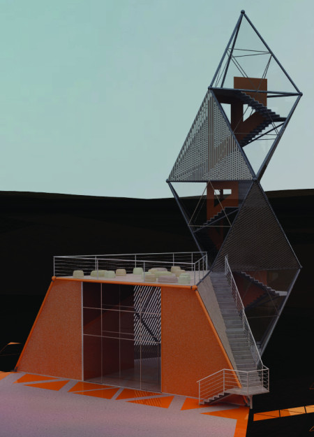 Charred Timber Shapes Integrated with Solar Panels in a Multi-Functional Space