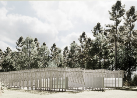 Translucent Canopies Crafted From Fiber-Glass Surrounded By Bush-Hammered Limestone In Forest Columbarium  