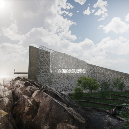 Lattice Framework and Geothermal Heating in a Visitor Center Set Amid Tectonic Landscapes