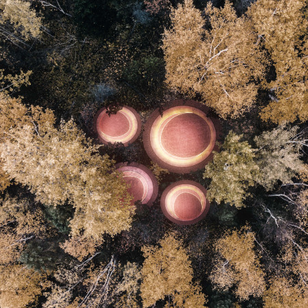 Curvilinear Pavilions Built with Larch Canopies in a Serene Forest Retreat for Meditation