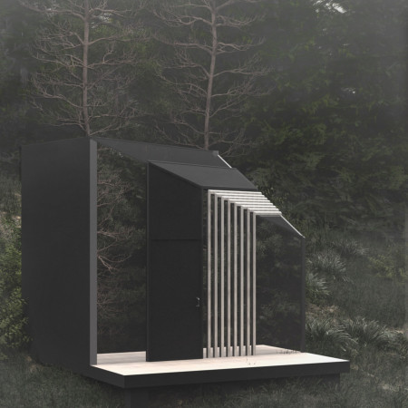 Cantilevered Cubic Design Featuring Charred Wooden Shingles and Solar Integration for Compact Living  