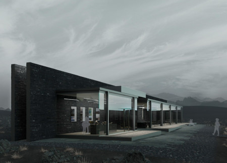 Volcanic Slate and Glass Structure Nestled in Iceland's Rugged Landscape  
