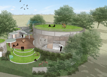 Spiraling Green Roofs and Recycled Bricks in Sustainable Community Design  