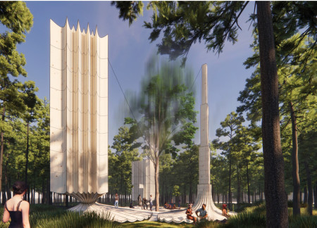 Cross-Laminated Timber Fins and Charred Shingles Form a Sustainable Educational Pavilion in the Forest