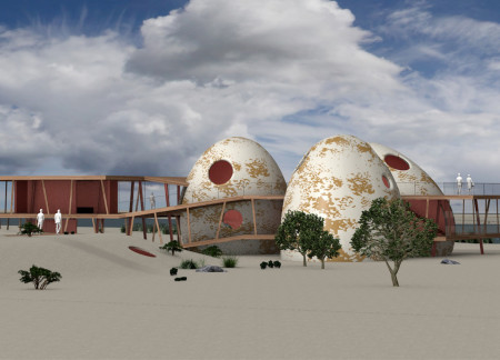 Elevated Dome Structures Tethered by Timber and Glass in a Coastal Habitat Visitor Center