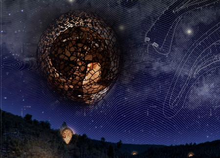 Biomimetic Structure Supported By Stilt Construction Using Charred Wood Shingles and Glass Elements