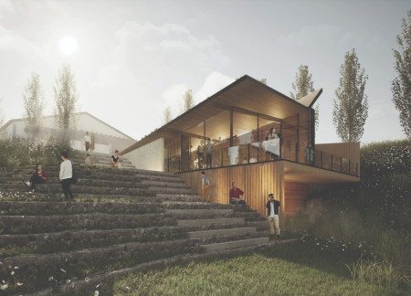 Wine tasting room highlighting rammed earth construction and panoramic glass facades