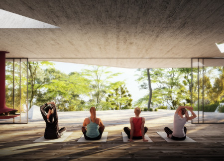 Organic Shape In Reinforced Concrete With Glass Walls And Natural Wood Accents For A Mindful Retreat  