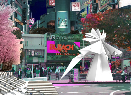Folded Craft Paper Panels Create Interactive Reflection Space in Urban Tokyo