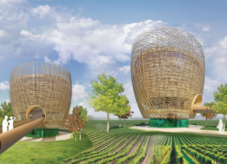 Charred Wooden Shingles and Lattice Facade Highlighting Wine Experiences in a Scenic Vineyard Setting