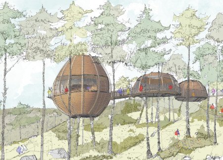Charred Wooden Shingles and Curved Pathways in a Sustainable Yoga Retreat