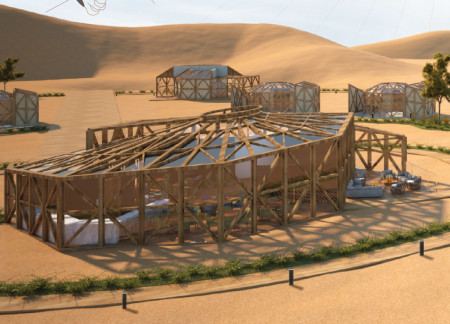 Spiraled Timber Retreat Featuring Sustainable Acrylic Integration in Desert Landscape
