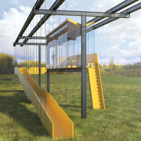 Suspended Steel Framework with Expansive Glass Integration Offering Panoramic Views in a Natural Landscape