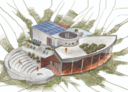 Wellness retreat featuring sustainable materials and passive design elements against a natural backdrop
