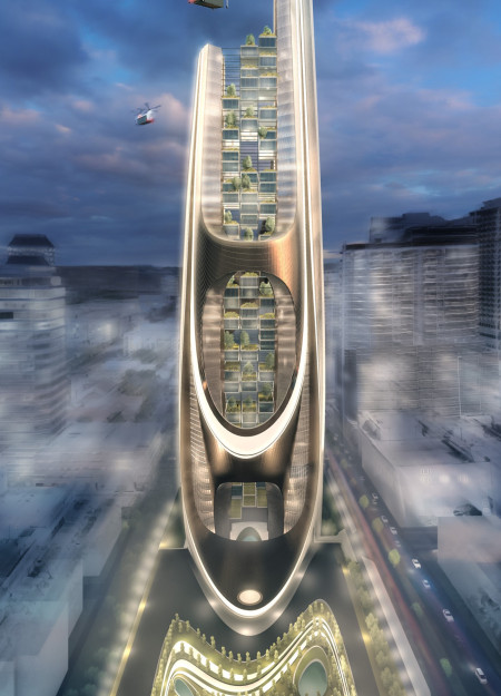 Curvilinear Glass Facade With Integrated Green Terraces in a Multi-Use High-Rise  
