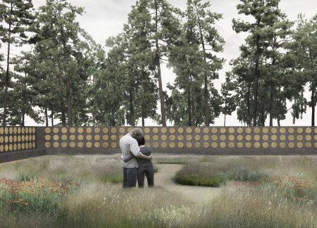 Dark Dyed Concrete Wall Featuring Circular Urns Creates a Reflective Memorial Garden in Riga Forest