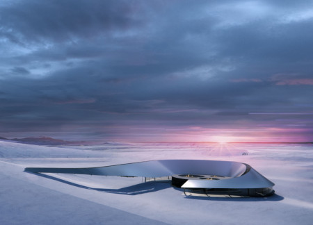 Curved Roof Structure Crafted From Cross-Laminated Timber Panels Nestled in Icelandic Landscape