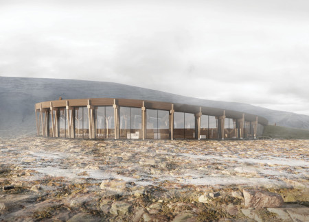 Geo-Thermal Café With Curvilinear Basalt Walls and Sustainable Wood Elements
