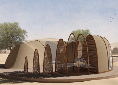Woven Fabric Canopies and Earthen Structures Creating Sustainable Desert Retreats  