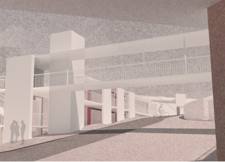 Skybridge Over Terraced Gardens with Local Stone and Steel Framework for a Winery Experience  