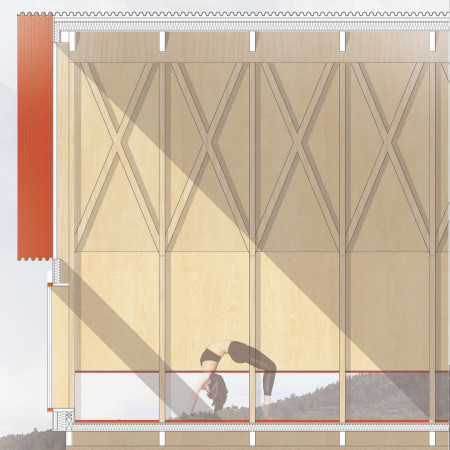 Crimson Metal Roof and Elevated Structure Enhancing Yoga Retreat Amidst Nature