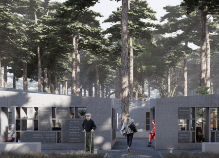 Eternal Copper Sculpture Framed by Concrete Pavilions in a Reflective Columbarium Environment
