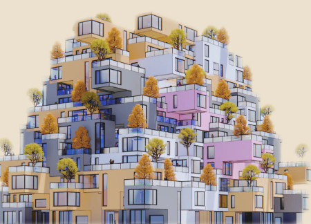 Charred Wooden Shingles and Green Roofs Form Sustainable Urban Living Environment