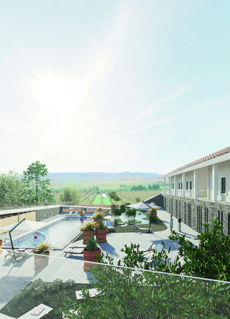 Charred Stone Facades and Natural Pools Blending Seamlessly with Vineyard Landscape in Hospitality Design