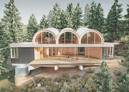 Curved Roof Retreat Crafted From Cross-Laminated Timber With Reclaimed Wood Elements