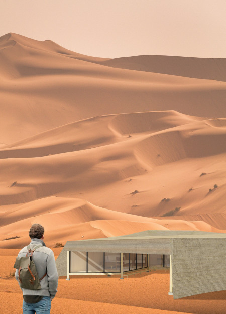 Circular Lodges Enveloped in Glass and Wood Beneath the Desert Sky