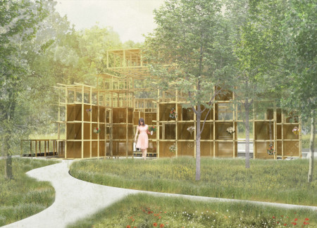 Perforated Bronze Niches Nestled Among Native Flora in a Timber Sanctuary  