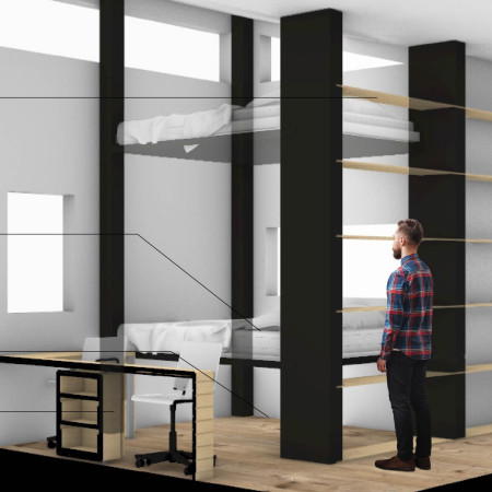 Compact living solution featuring cross-laminated timber panels and charred wood shingles for sustainable urban dwellings