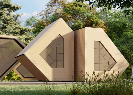 Charred Wooden Shingles and Photovoltaic Glass Define a Modular Community Living Space