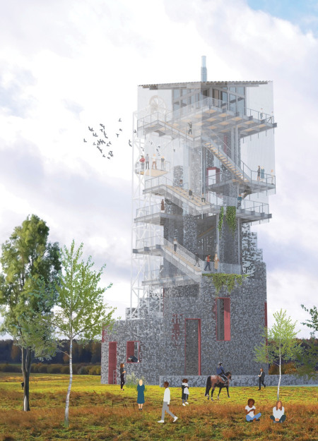 Gabion-Enhanced Structure with Metal Mesh Roofing Serving as an Observation Hub  