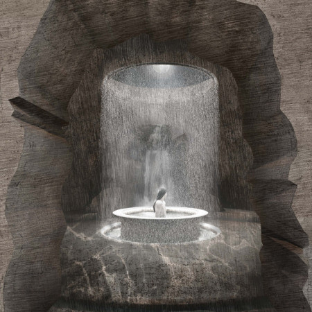 Cavernous Stone Retreat Featuring Evaporative Water Elements Under Natural Desert Light