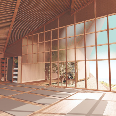 Panoramic Spaces Enhanced by Wooden Roof and Zen Garden Elements  