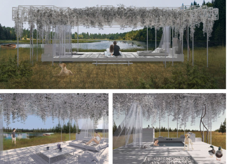 Elevated Habitat Supported by Steel Framework and Enveloped in Climbing Wisteria  