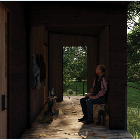 Elevated Sanctuary Featuring Curved Glass Windows and Sustainable Plywood Construction