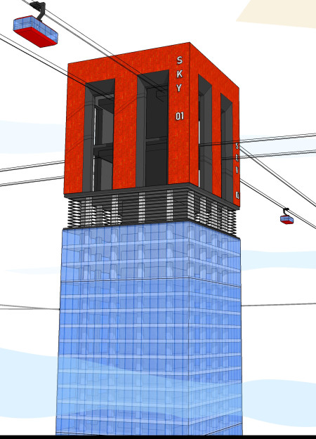 Red Roof Canopy Over a Transparent Glass Façade with Vertical Transit Integration